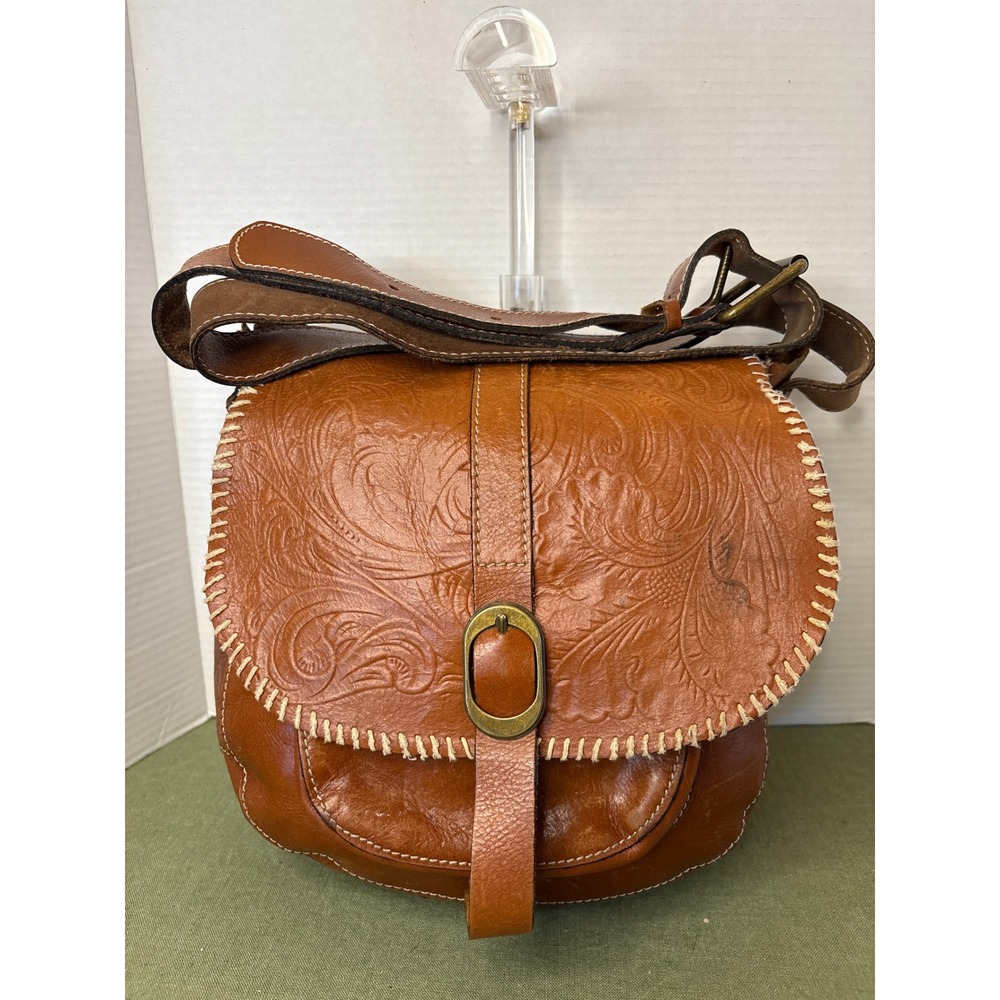 Patricia Nash Tan Tooled Leather Whipstitch Crossbody Saddle Bag Floral Embossed